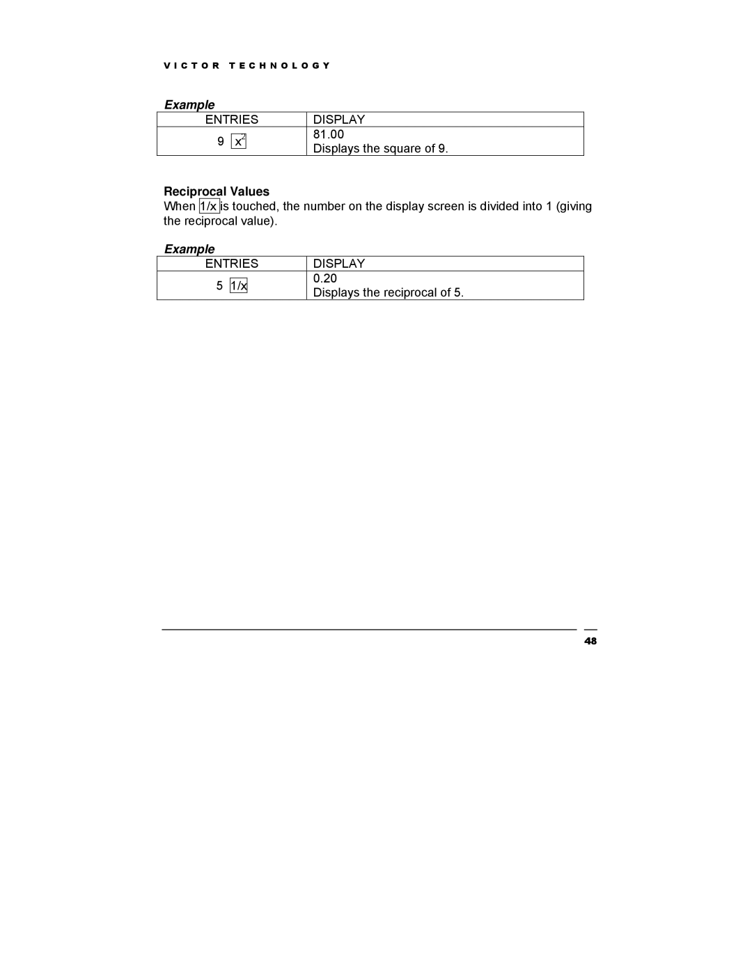 Victor Technology V12 manual Reciprocal Values 