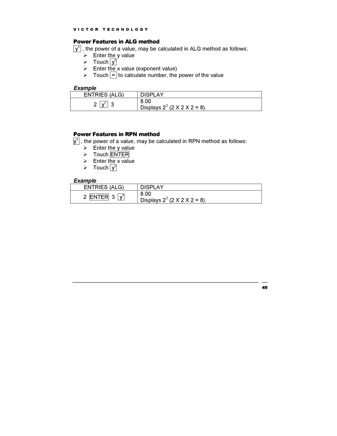 Victor Technology V12 manual Power Features in ALG method, Power Features in RPN method, Entries ALG Display Enter 