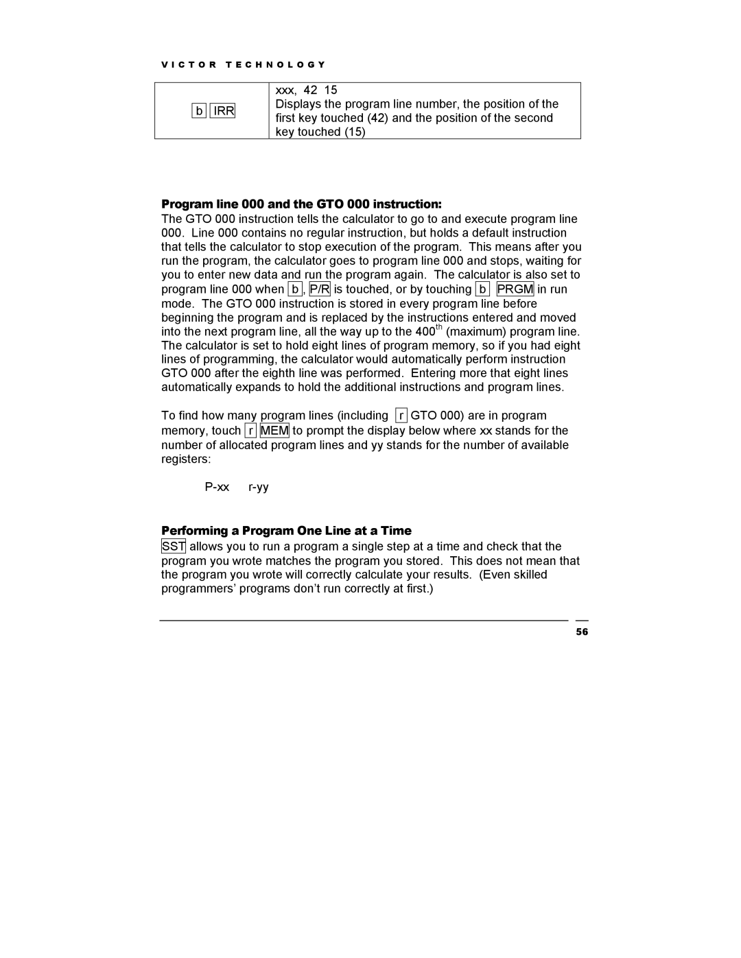 Victor Technology V12 manual Program line 000 and the GTO 000 instruction, Performing a Program One Line at a Time 