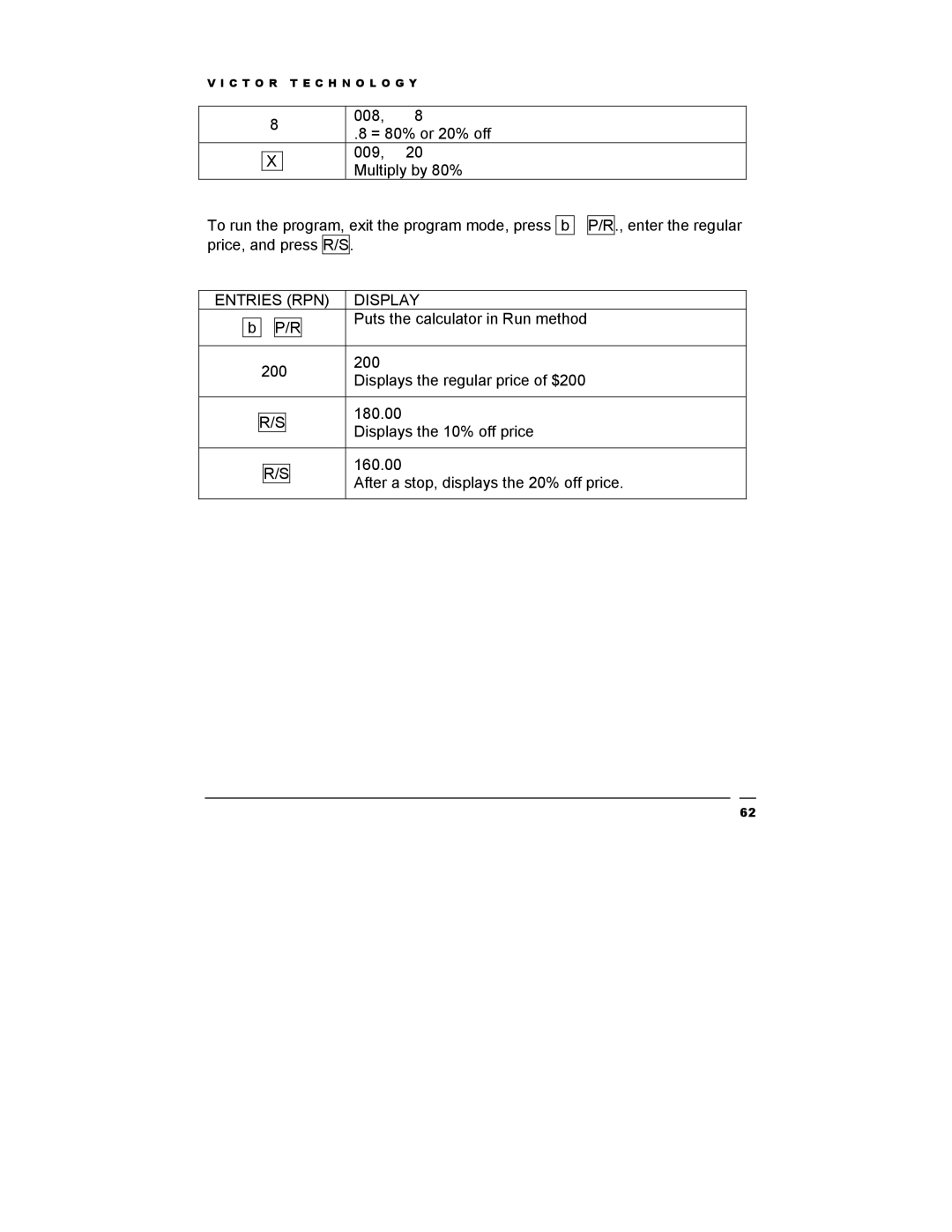 Victor Technology V12 manual Entries RPN Display 