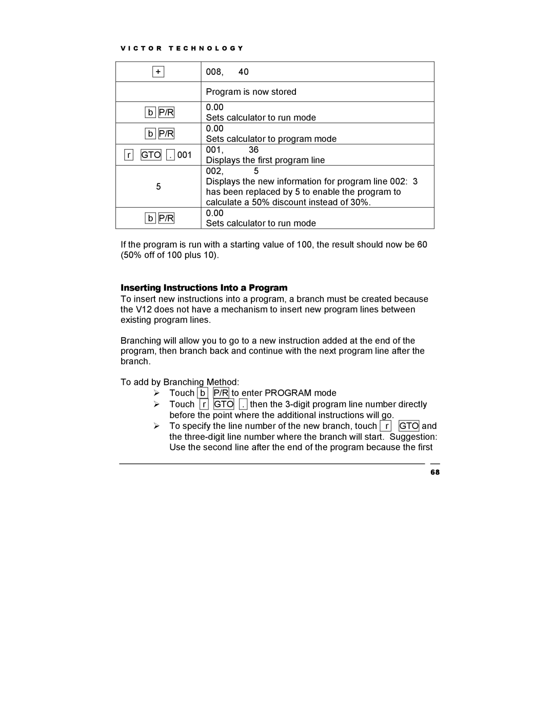 Victor Technology V12 manual Gto, Inserting Instructions Into a Program 