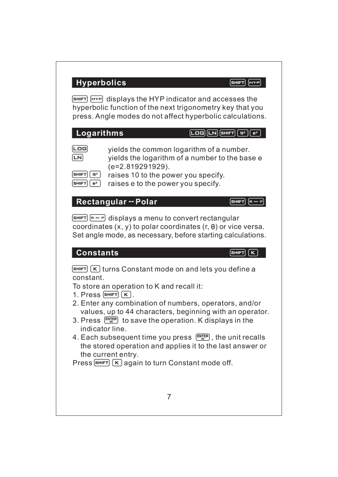 Victor V34 manual Hyperbolics, Logarithms, RectangularPolar, Constants 