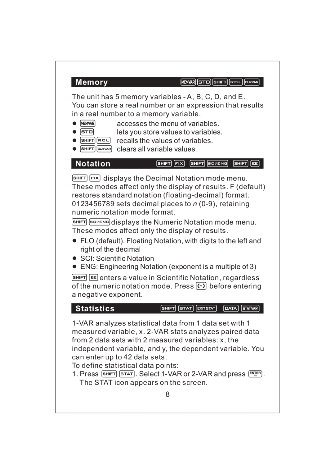 Victor V34 manual Memory, Notation, Statistics 