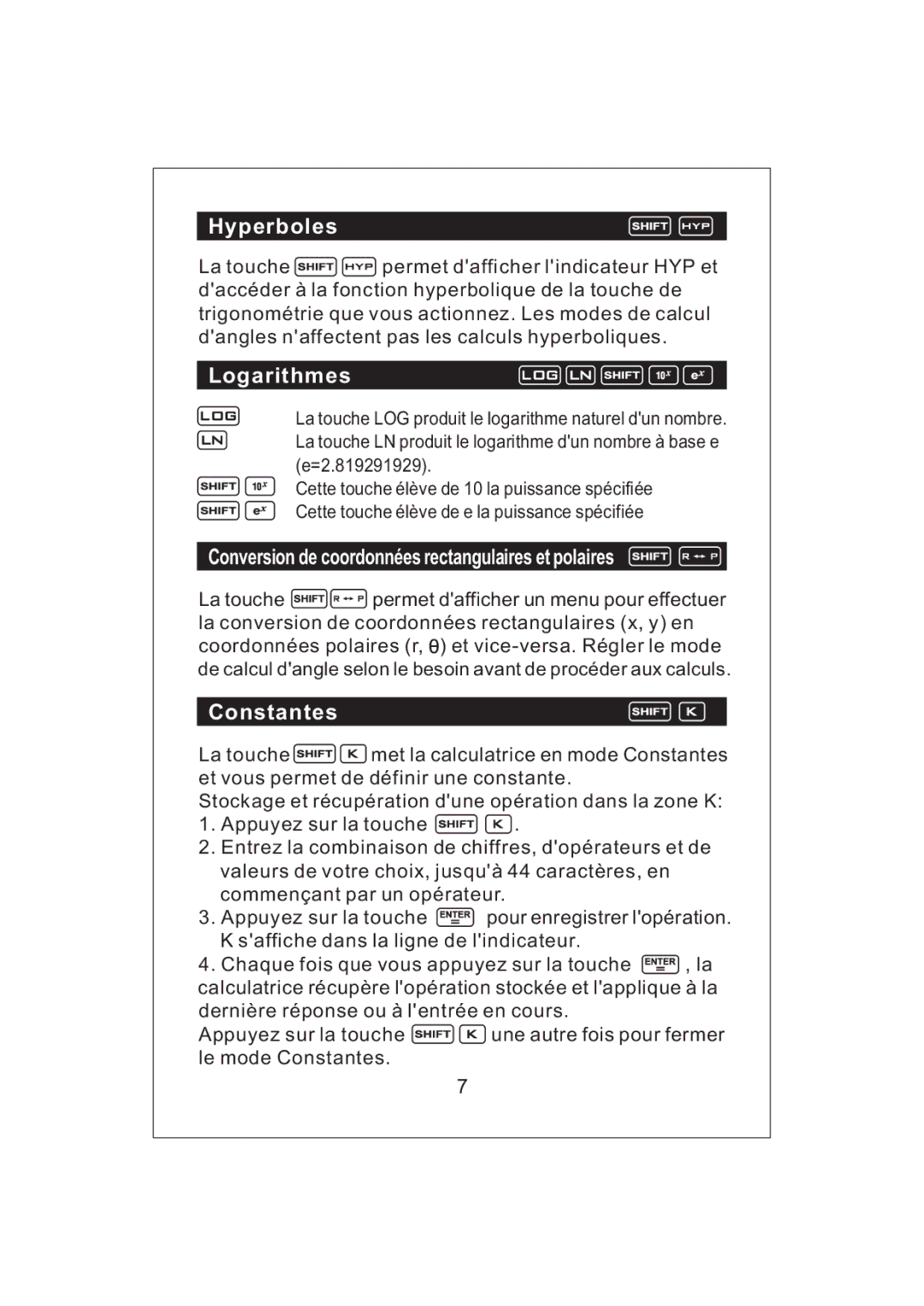 Victor V34 manual Hyperboles, Logarithmes, Conversion de coordonnées rectangulaires et polaires, Constantes 