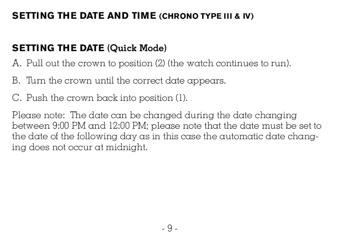 Victorinox CHRONOGRAPHS Watch operating instructions Setting the Date and Time Chrono Type III, Setting the Date Quick Mode 