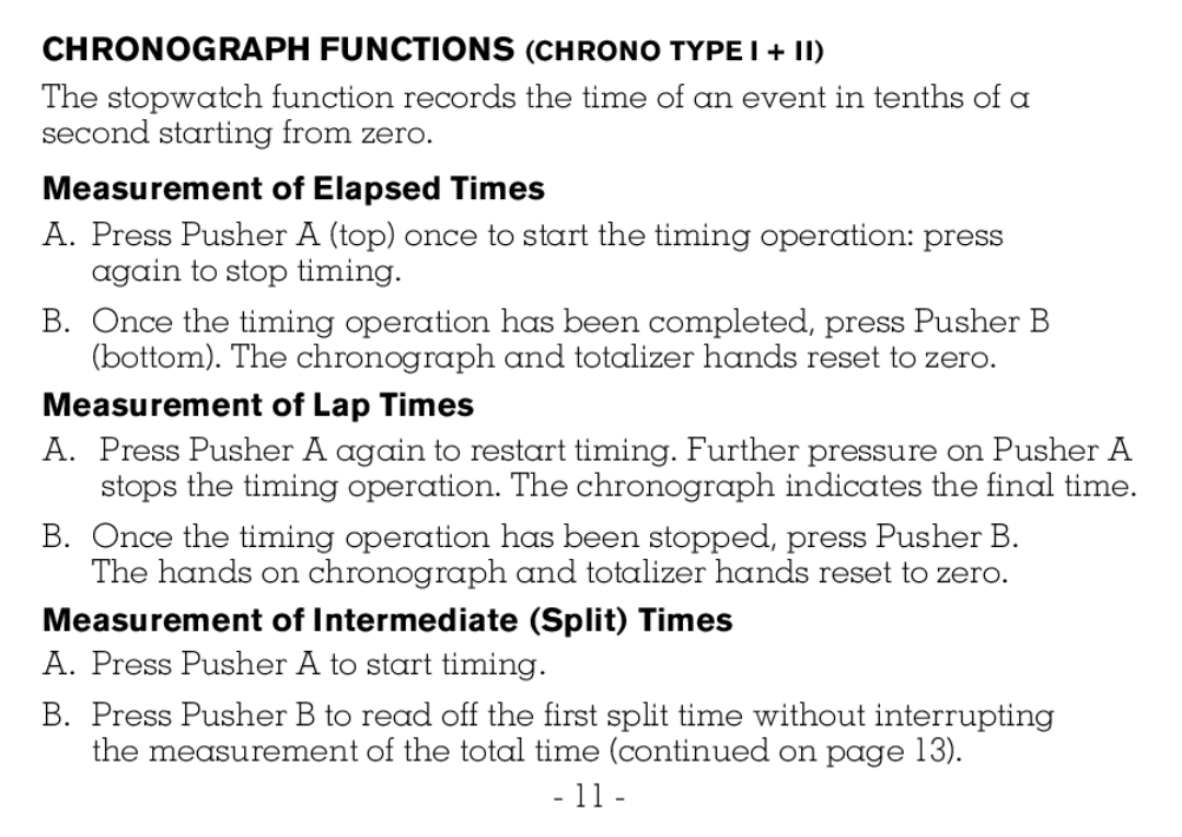 Victorinox CHRONOGRAPHS Watch operating instructions Chronograph Functions Chrono Type I +, Measurement of Elapsed Times 