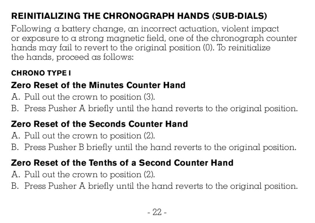 Victorinox CHRONOGRAPHS Watch Reinitializing the Chronograph Hands SUB-DIALS, Zero Reset of the Minutes Counter Hand 