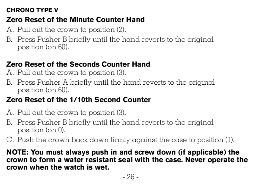 Victorinox CHRONOGRAPHS Watch Zero Reset of the Minute Counter Hand, Zero Reset of the 1/10th Second Counter 