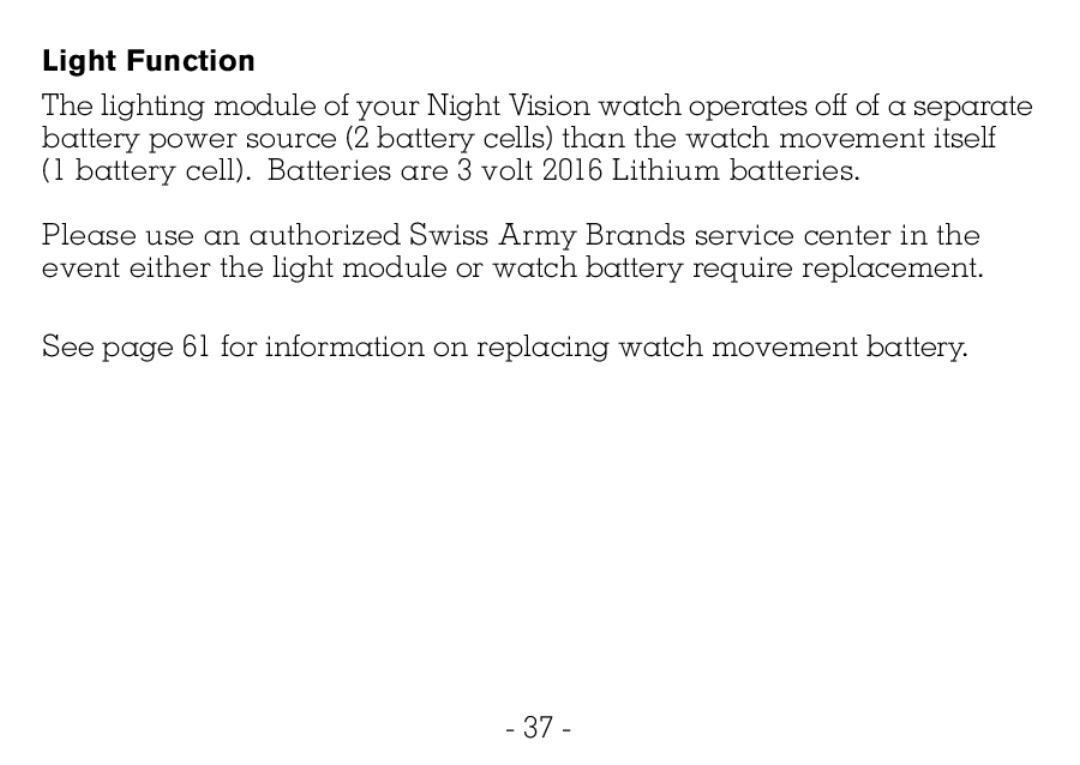 Victorinox CHRONOGRAPHS Watch operating instructions Light Function 