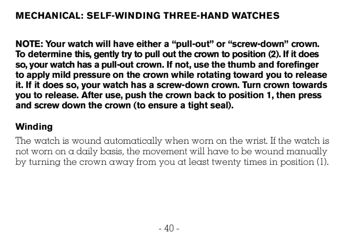 Victorinox CHRONOGRAPHS Watch operating instructions Mechanical SELF-WINDING THREE-HAND Watches, Winding 