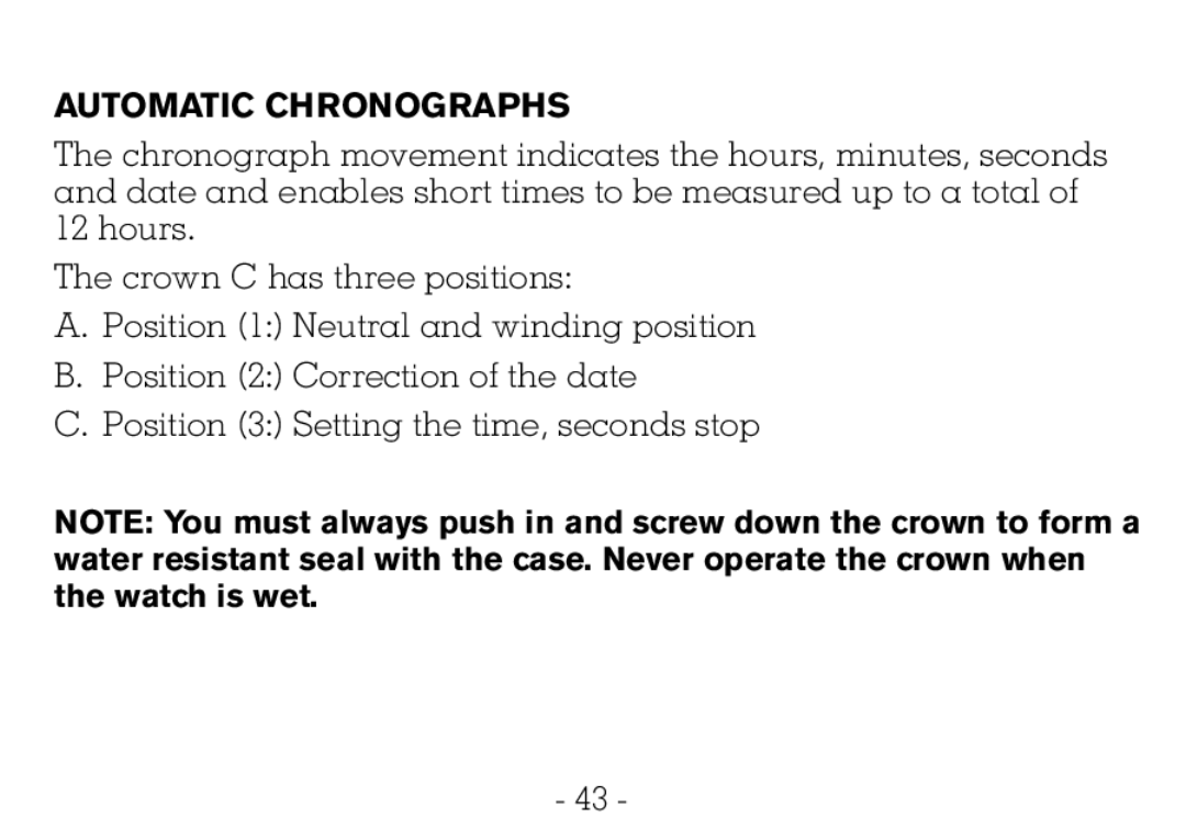 Victorinox CHRONOGRAPHS Watch operating instructions Automatic Chronographs 