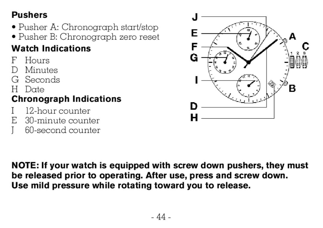 Victorinox CHRONOGRAPHS Watch operating instructions Pushers, Watch Indications, Chronograph Indications 