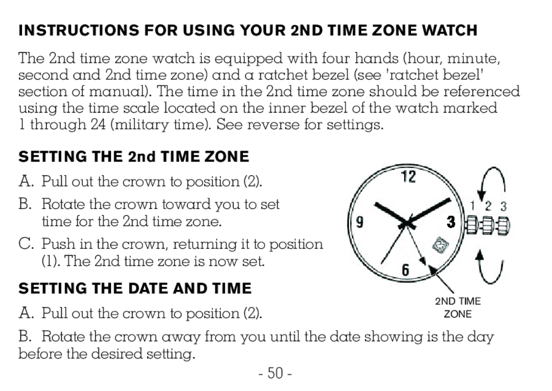 Victorinox CHRONOGRAPHS Watch Instructions for Using Your 2ND Time Zone Watch, Setting the 2nd Time Zone 