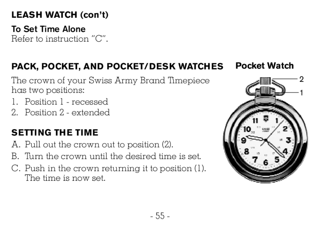 Victorinox CHRONOGRAPHS Watch operating instructions Leash Watch con’t, PACK, POCKET, and POCKET/DESK Watches Pocket Watch 