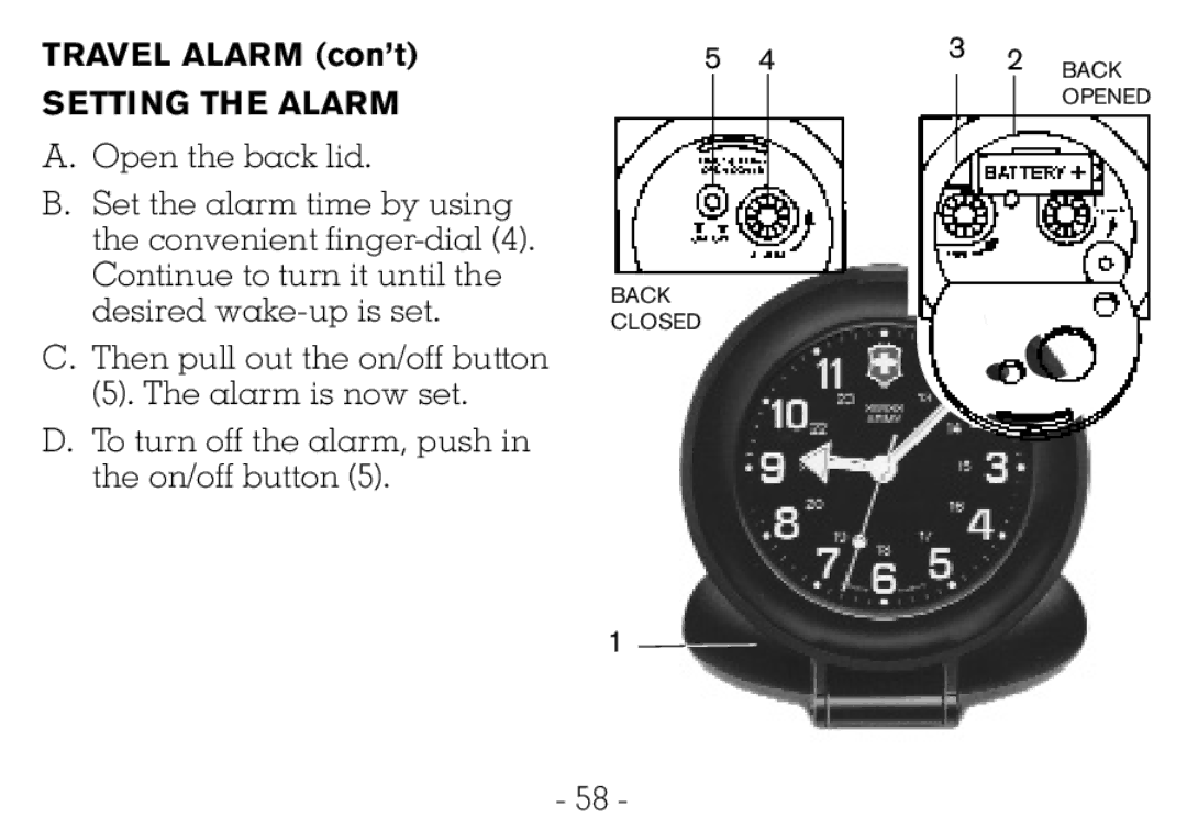 Victorinox CHRONOGRAPHS Watch operating instructions Travel Alarm con’t 