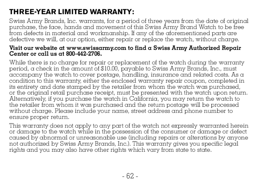 Victorinox CHRONOGRAPHS Watch operating instructions THREE-YEAR Limited Warranty 