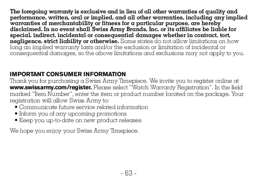 Victorinox CHRONOGRAPHS Watch operating instructions Important Consumer Information 