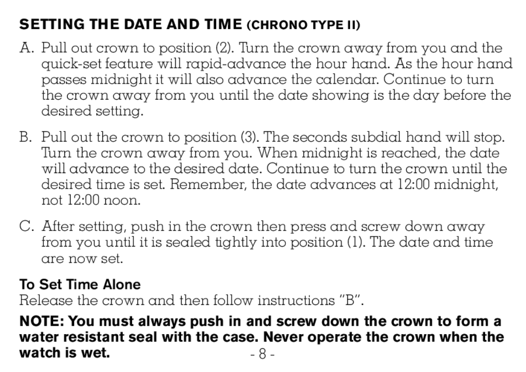 Victorinox CHRONOGRAPHS Watch operating instructions Watch is wet 