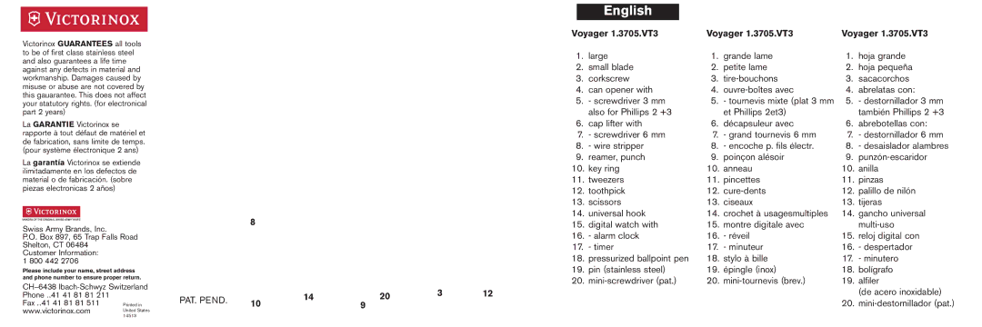 Victorinox CR 1225 user manual English Français Español, Voyager 1.3705.VT3 