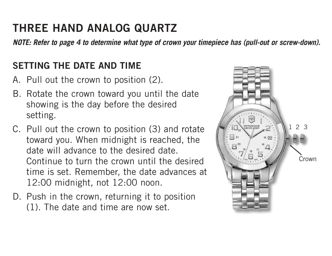 Victorinox II operating instructions Three Hand Analog Quartz, Setting the Date and Time 