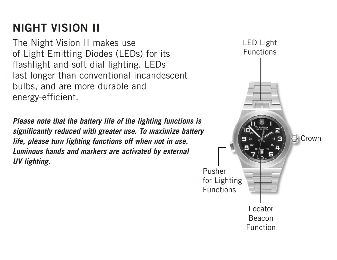 Victorinox II operating instructions Night Vision, LED Light Functions 