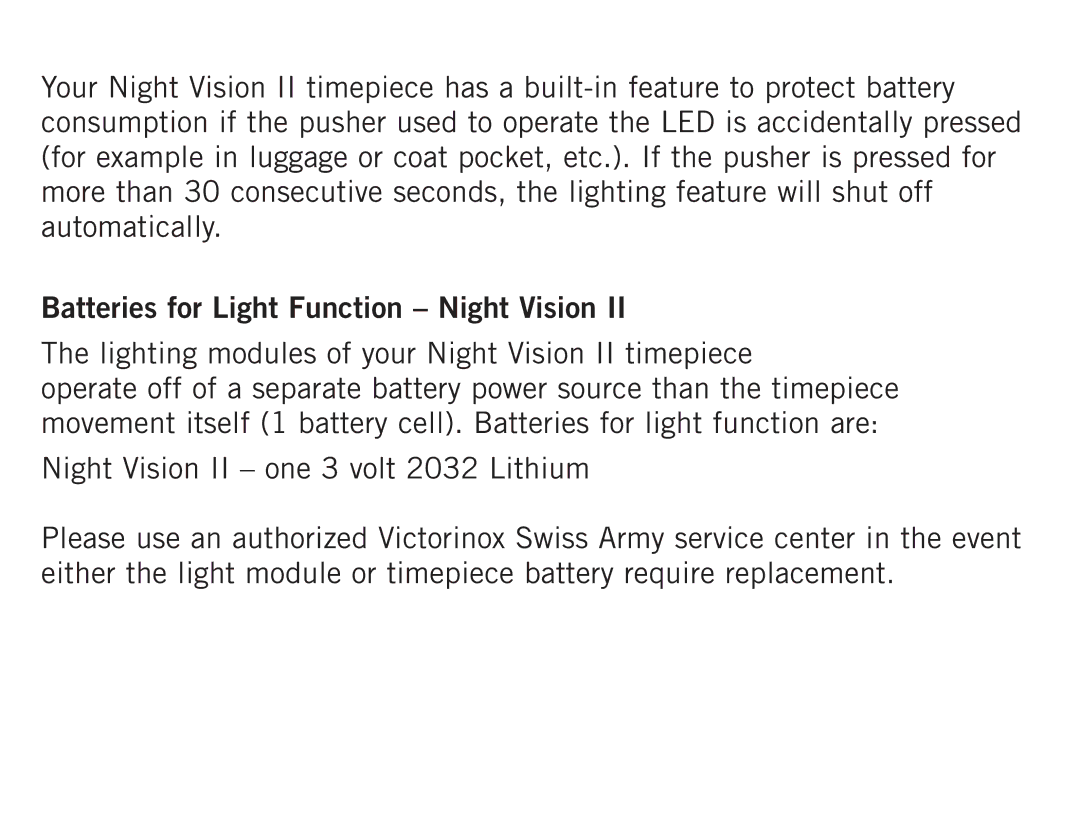 Victorinox II operating instructions Batteries for Light Function Night Vision 