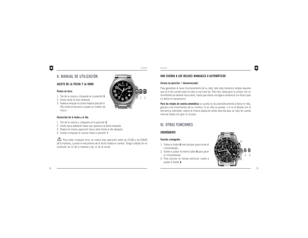 Victorinox Swiss Army Timepiece II. Manual DE Utilización, III. Otras Funciones, Ajuste DE LA Fecha Y LA Hora, Cronógrafo 