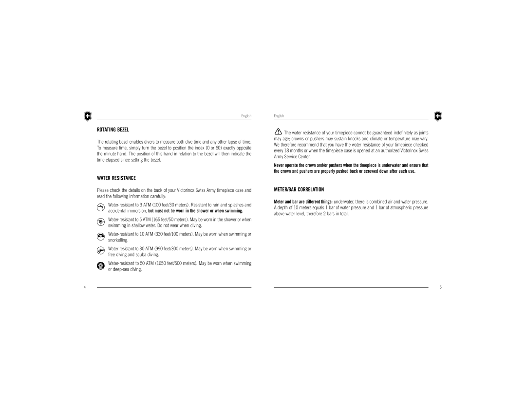 Victorinox Swiss Army Timepiece manual Rotating Bezel, Water Resistance, METER/BAR Correlation 