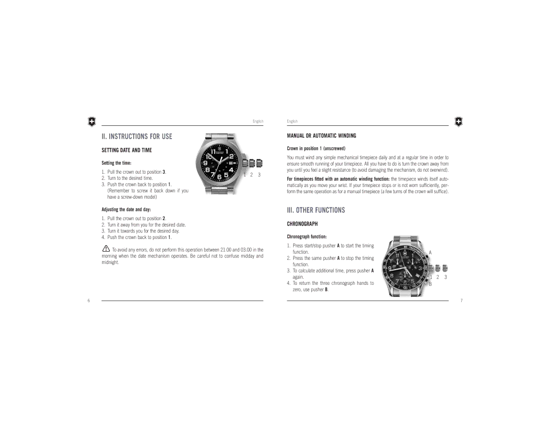 Victorinox Swiss Army Timepiece manual II. Instructions for USE, III. Other Functions, Setting Date and Time, Chronograph 