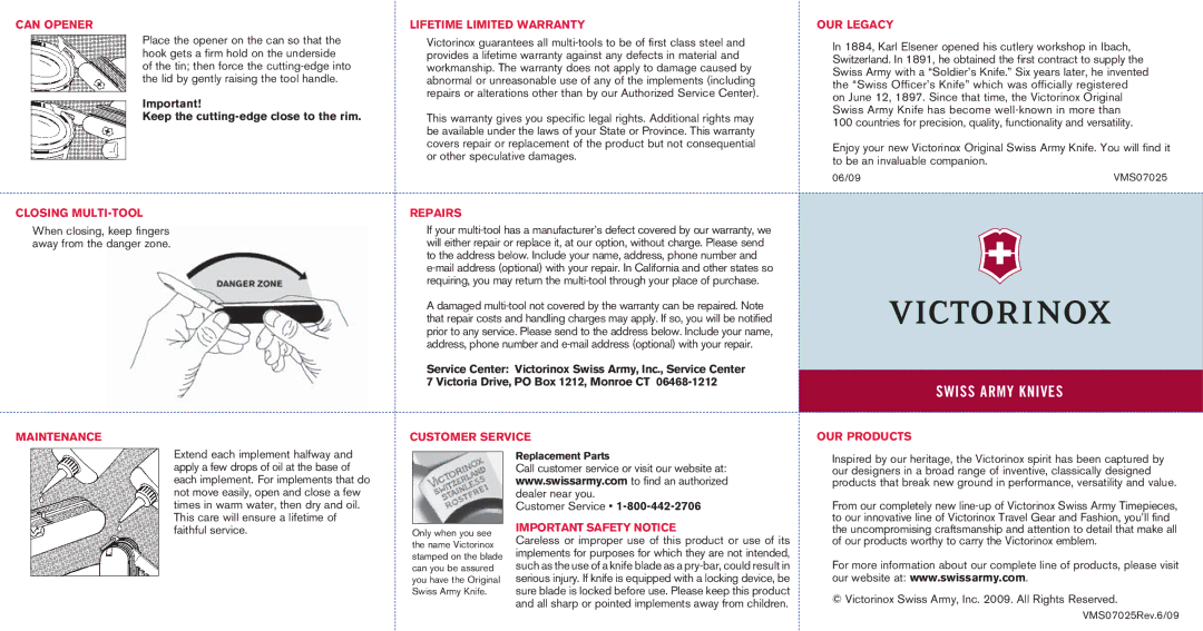 Victorinox VMS0702506/09 warranty Can Opener, Closing MULTI-TOOL, Maintenance Lifetime Limited Warranty, Repairs 