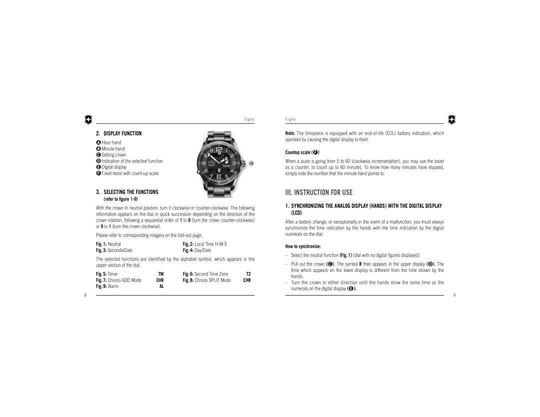 Victorinox XLS MT manual III. Instruction for USE, Display Function, Selecting the Functions, Refer to ﬁgure Countup scale 