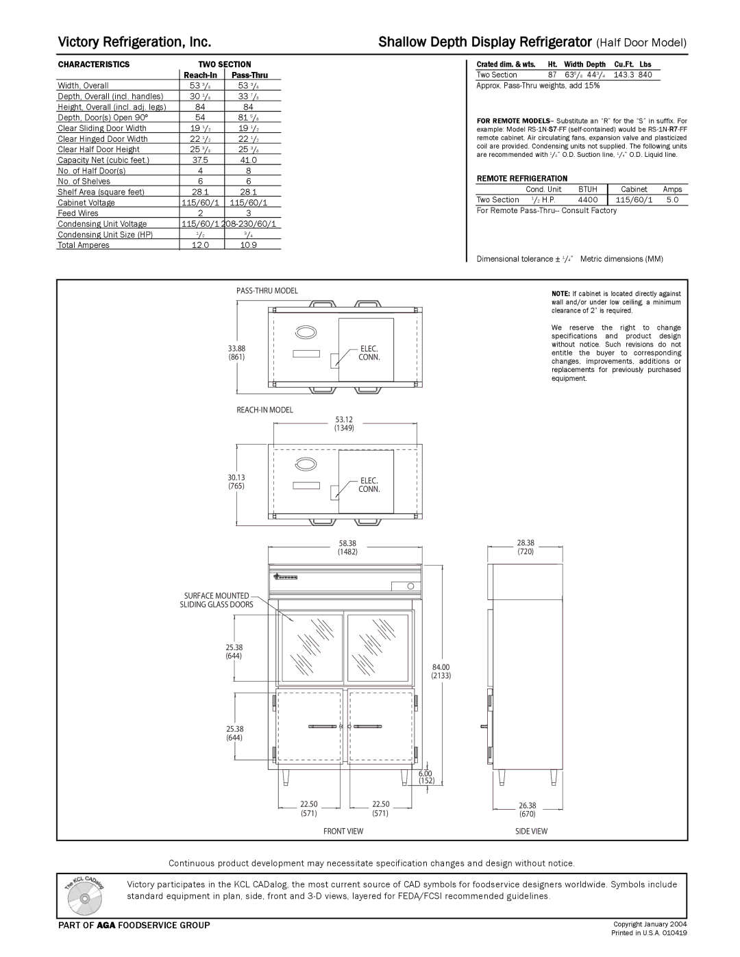 Victory Refrigeration DRS-2N-S7-HD specifications Part of AGA Foodservice Group 