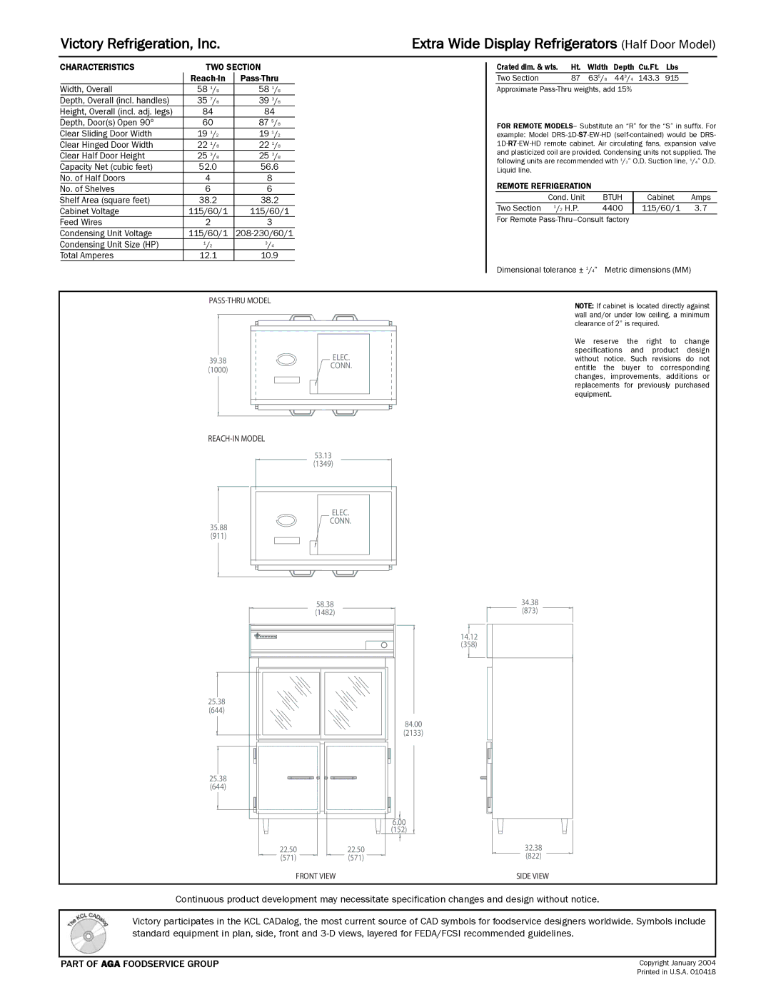 Victory Refrigeration DRSA-2D-S7-EW-HD, DRS-2D-S7-EW-HD specifications Part of AGA Foodservice Group 