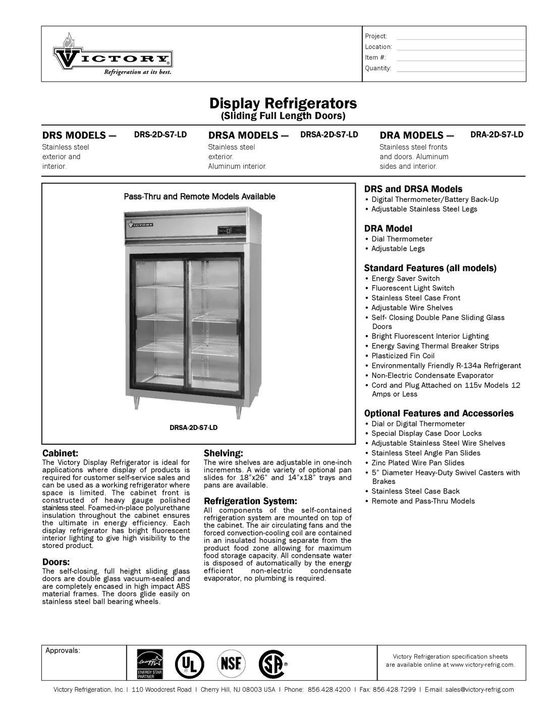 Victory Refrigeration DRA-2D-S7-LD specifications DRS and Drsa Models, DRA Model, Standard Features all models, Cabinet 