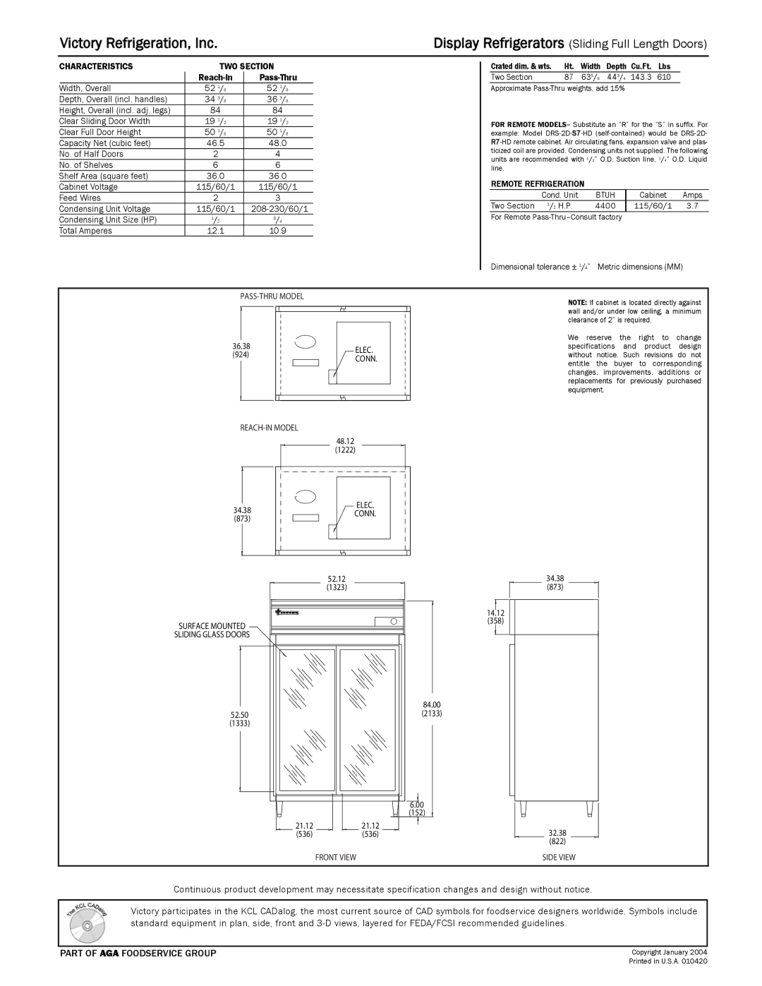 Victory Refrigeration DRS-2D-S7-LD, DRSA-2D-S7-LD, DRA-2D-S7-LD PASS-THRU Model, REACH-IN Model, Front View, Side View 