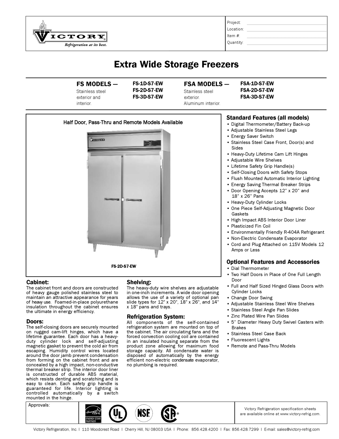 Victory Refrigeration FSA-3D-S7-EW specifications Standard Features all models, Optional Features and Accessories, Doors 