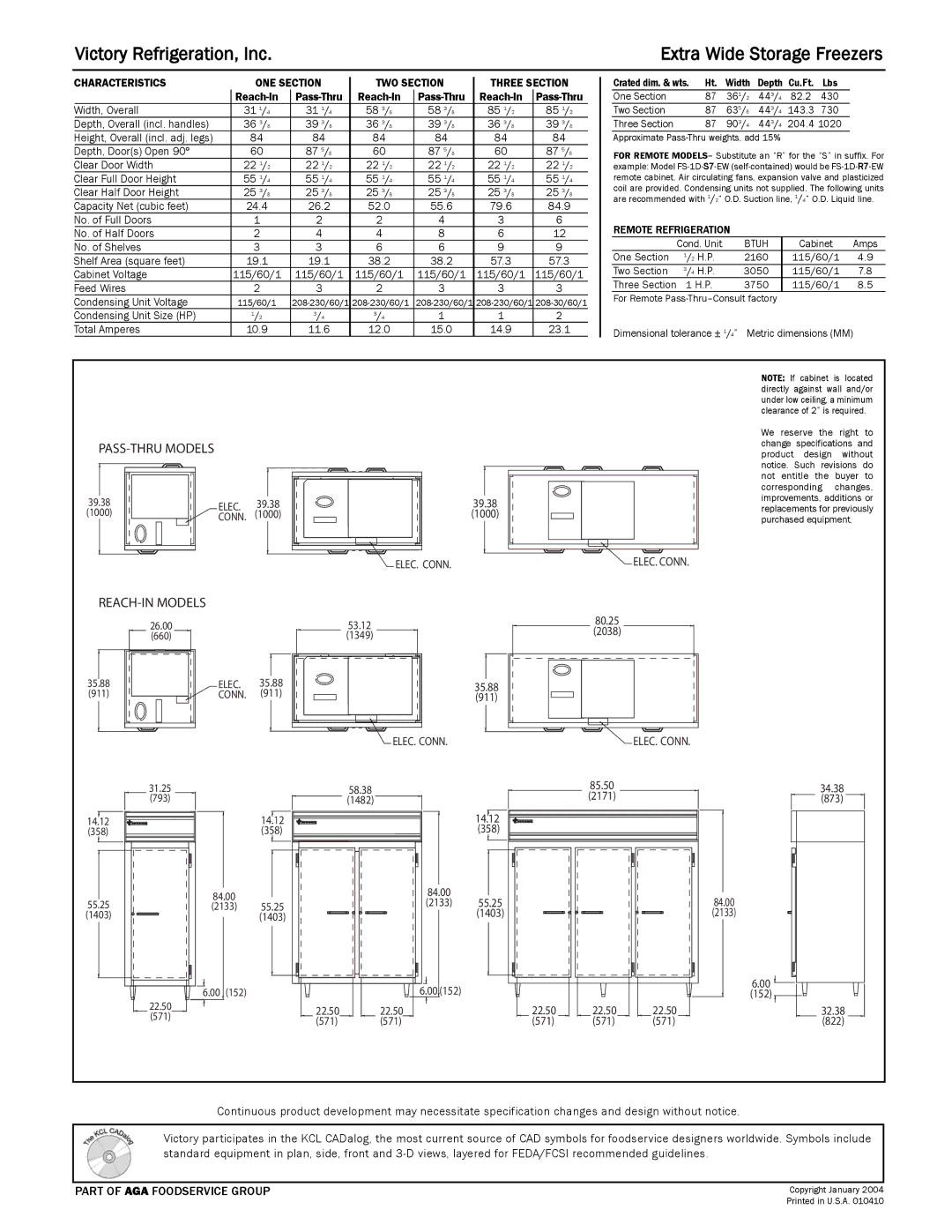 Victory Refrigeration FSA-1D-S7-EW, FSA-2D-S7-EW, FSA-3D-S7-EW, FS-1D-S7-EW, FS-3D-S7-EW PASS-THRU Models, REACH-IN Models 