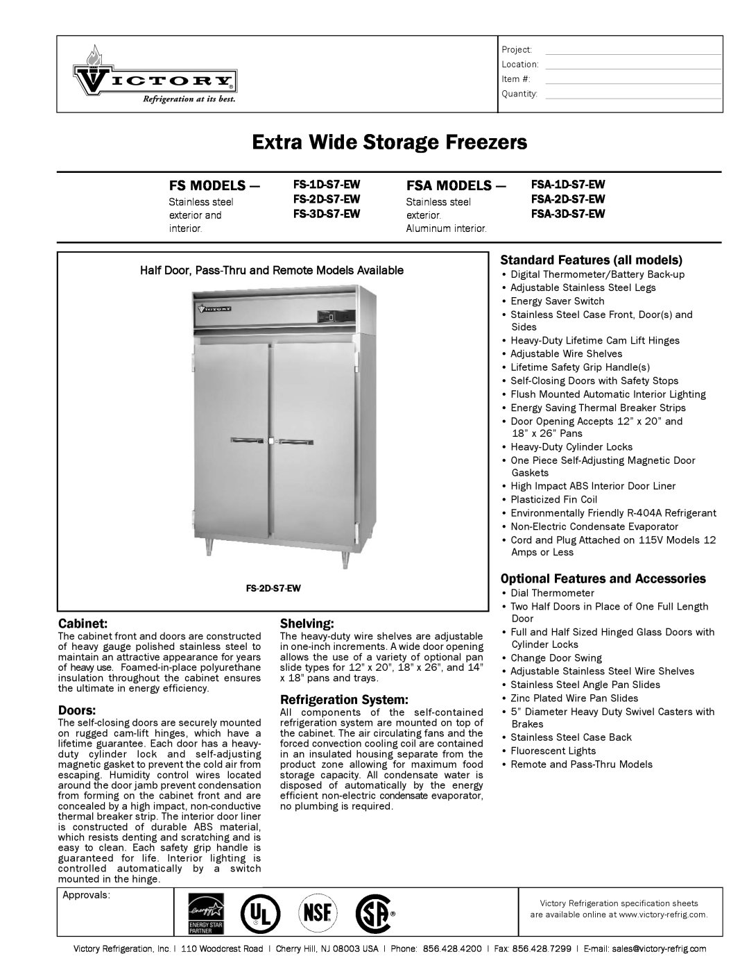 Victory Refrigeration FSA-3D-S7-EW specifications Half Door, Pass-Thruand Remote Models Available, Fs Models, Fsa Models 