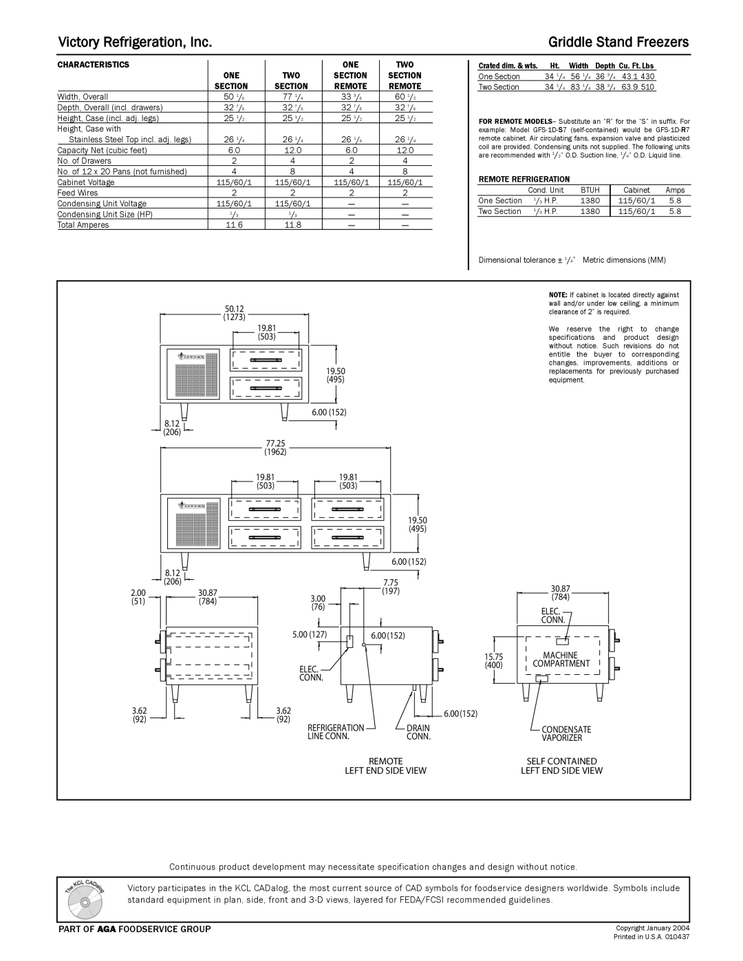 Victory Refrigeration GFS-1-S7, GFS-2-S7 specifications Victory Refrigeration, Inc Griddle Stand Freezers 