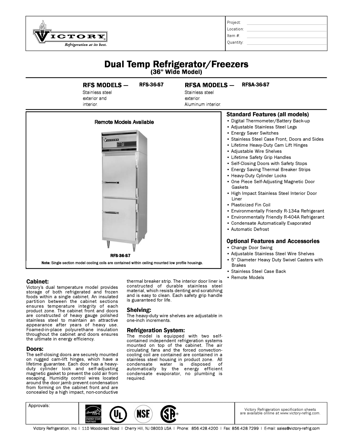 Victory Refrigeration specifications Dual Temp Refrigerator/Freezers, 36” Wide Model, RFS MODELS - RFS-36-S7, Cabinet 
