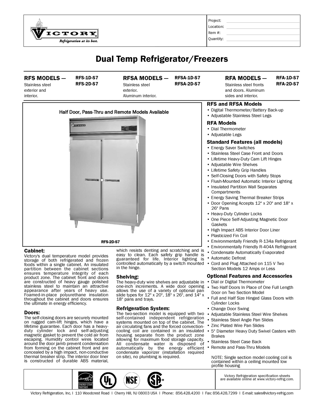 Victory Refrigeration RFS-1D-S7, RFSA-1D-S7, RFSA-2D-S7, RFA-1D-S7 specifications RFS Models, Rfsa Models, RFA Models 