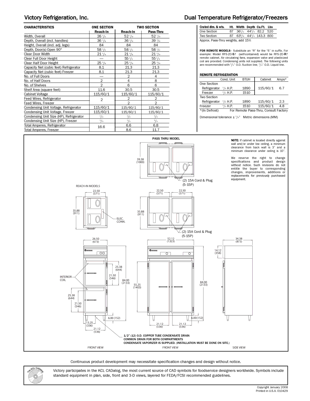 Victory Refrigeration RFSA-2D-S7, RFSA-1D-S7, RFS-1D-S7, RFA-1D-S7, RFA-2D-S7 Remote Refrigeration, Btuh, Pass Thru Model 