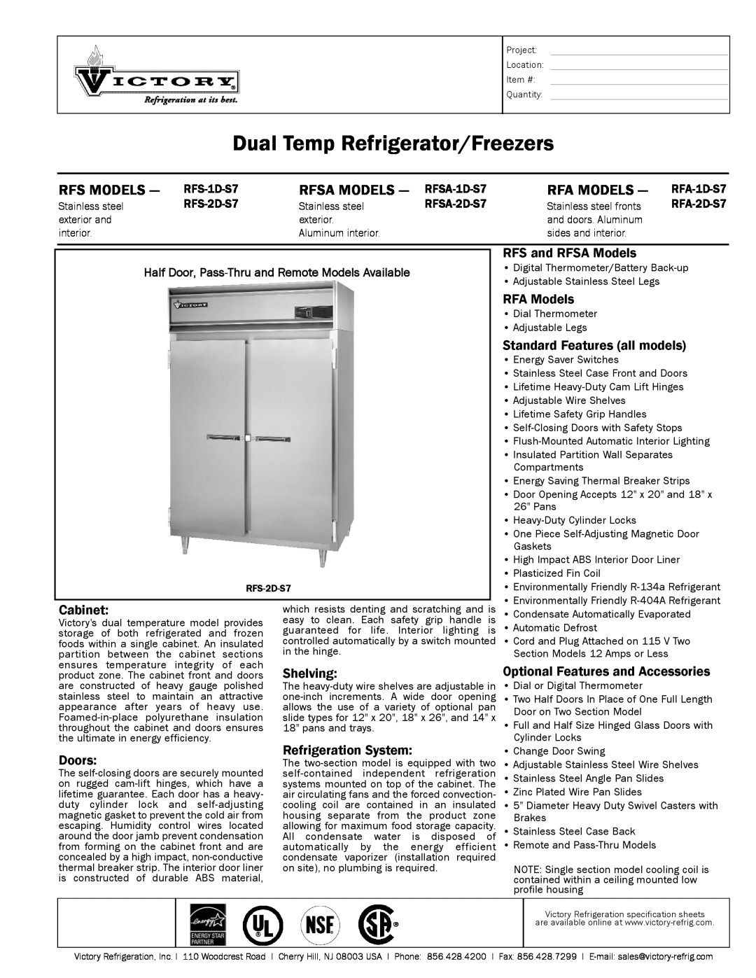 Victory Refrigeration RFS-1D-S7 specifications Half Door, Pass-Thru and Remote Models Available, Rfs Models, Rfsa Models 