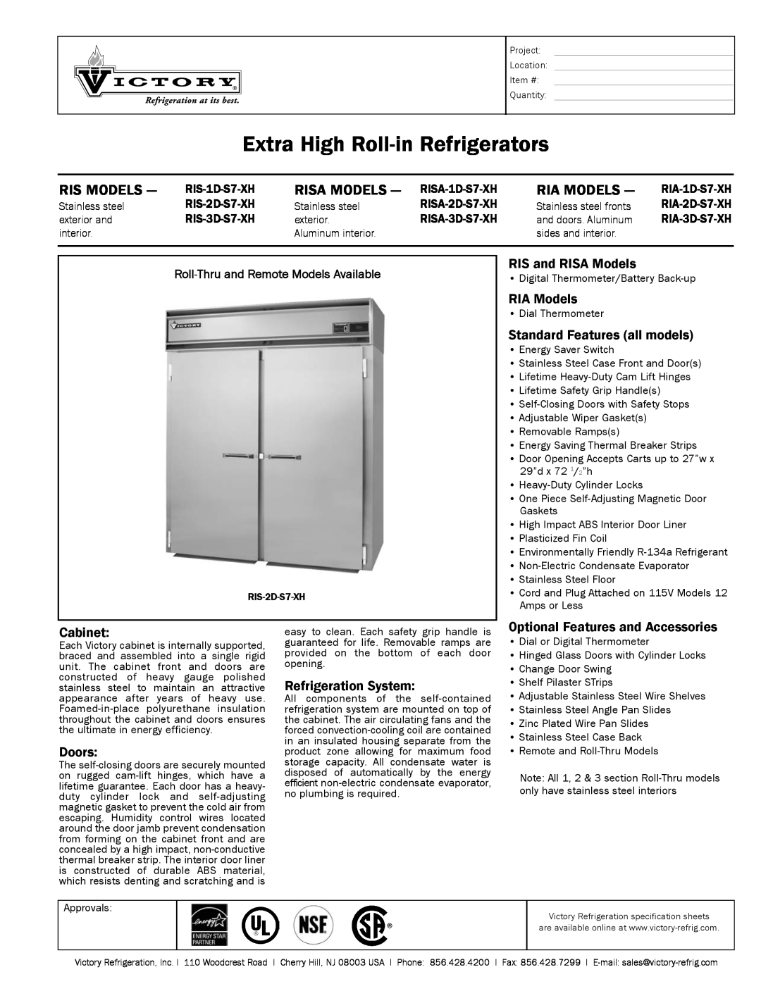 Victory Refrigeration RISA-1D-S7-XH specifications Extra High Roll-inRefrigerators, Ris Models, Risa Models, Ria Models 