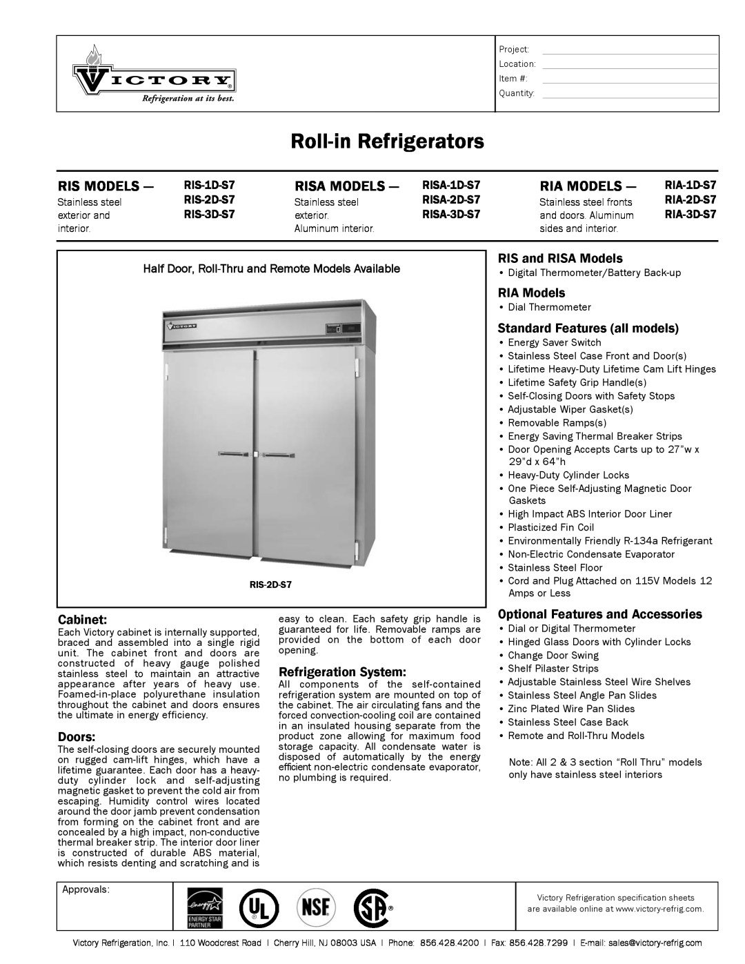 Victory Refrigeration RIA-2D-S7 specifications Roll-inRefrigerators, Ris Models, Risa Models, Ria Models, RIA Models 