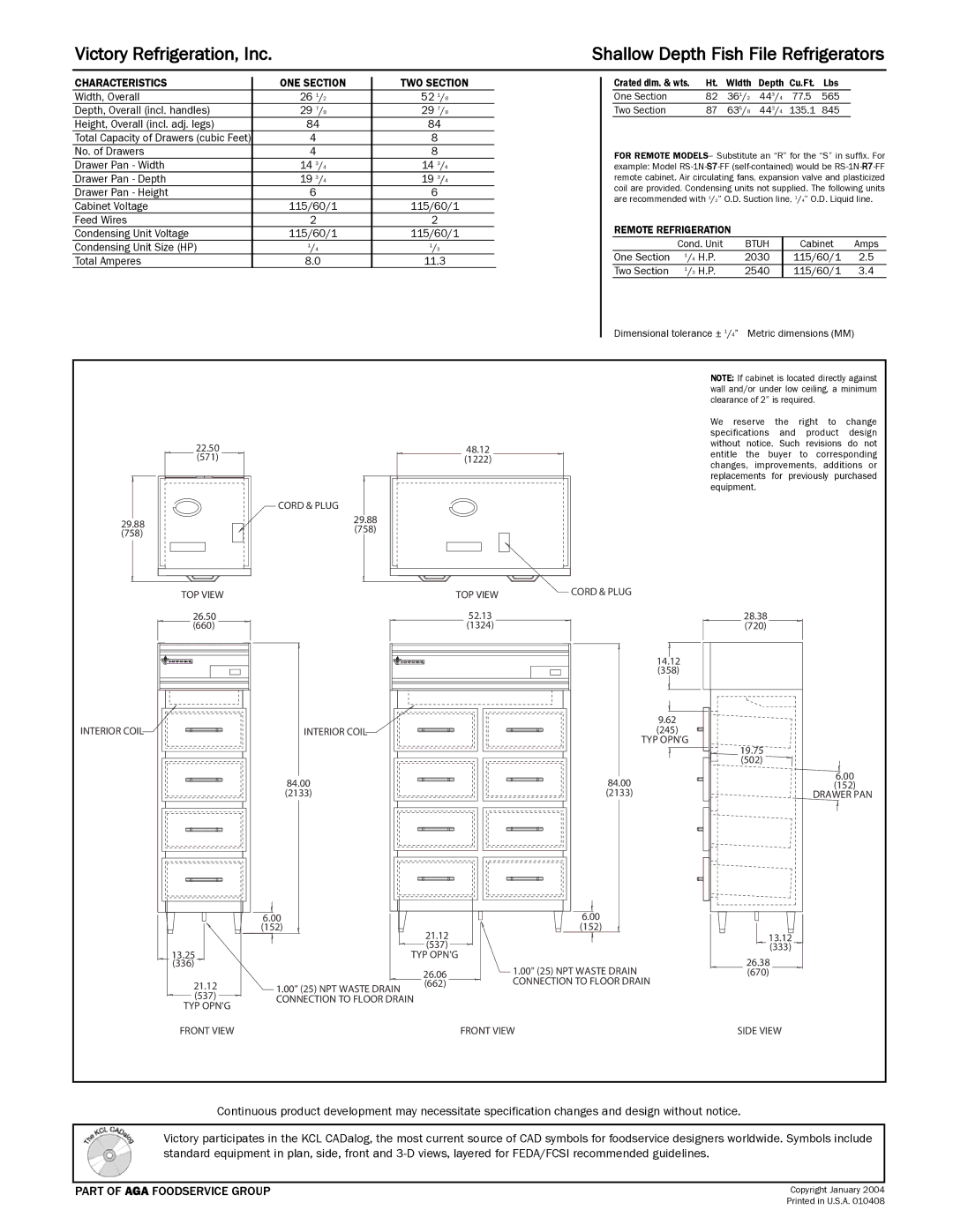 Victory Refrigeration RS-1N-S7-FF, RS-2N-S7-FF dimensions Part of AGA Foodservice Group 