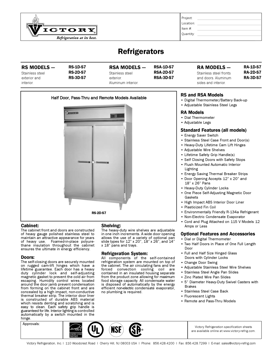 Victory Refrigeration RS-2D-S7 specifications RS Models, RSA Models, RA Models 