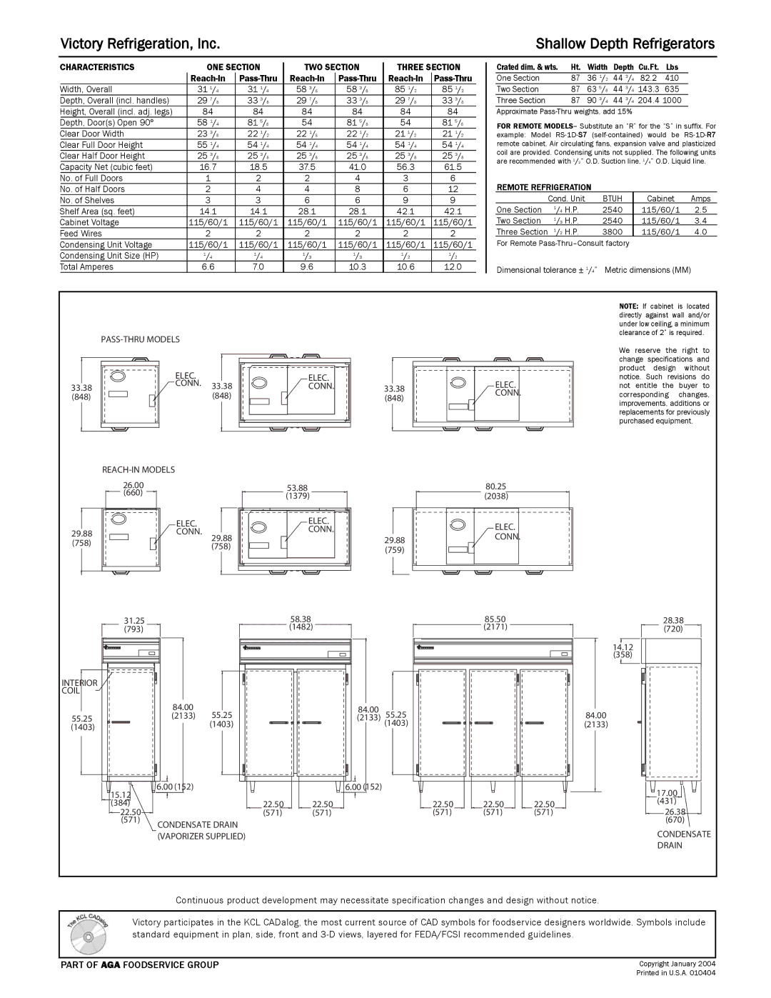 Victory Refrigeration RS-3N-S7 specifications Victory Refrigeration, Inc Shallow Depth Refrigerators 