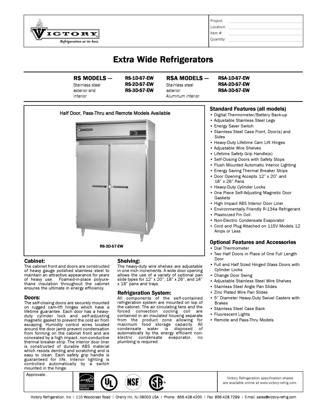Victory Refrigeration RSA-1D-S7-EW specifications Half Door, Pass-Thru and Remote Models Available, Rs Models, Rsa Models 