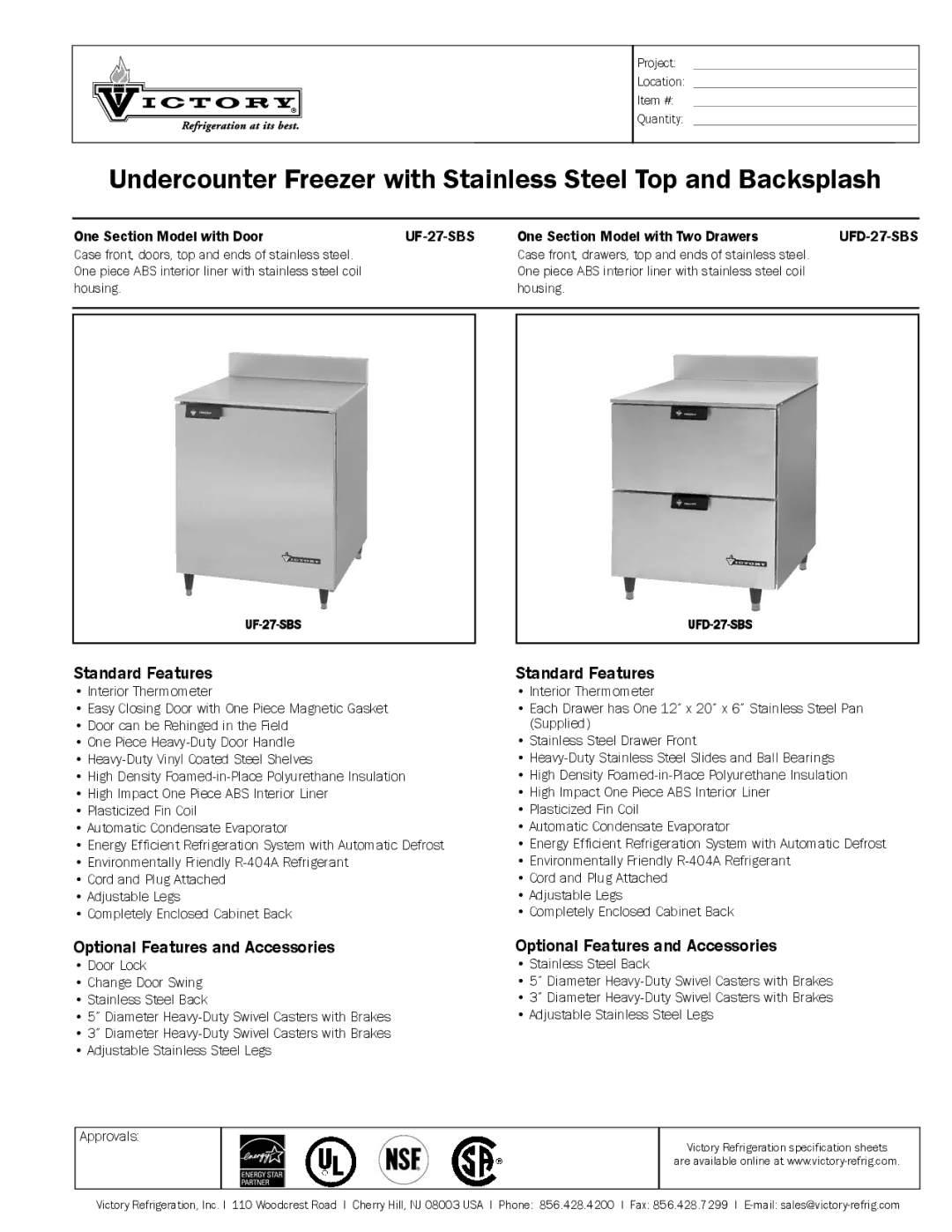 Victory Refrigeration UFD-27-SBS, UF-27-SBS specifications Standard Features, Optional Features and Accessories 